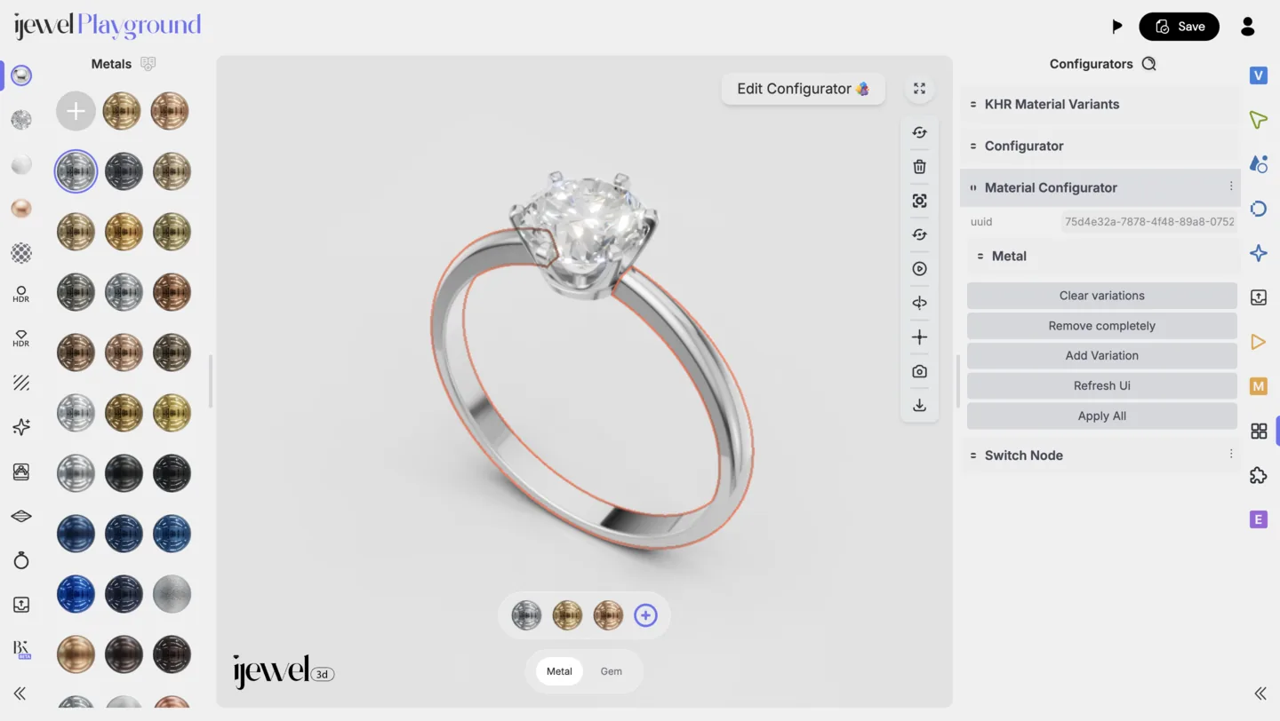 Material Configurator — right panel controls