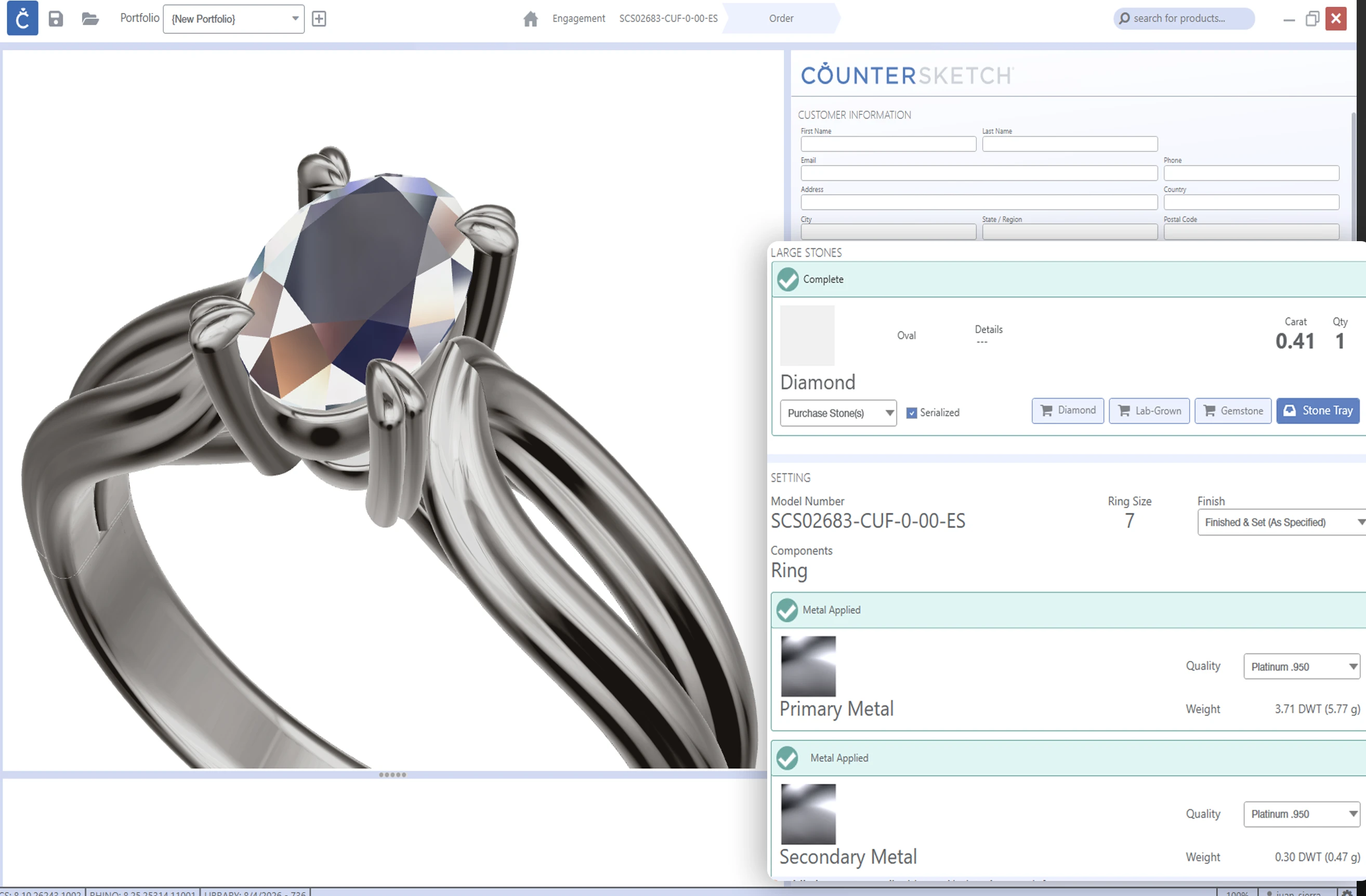 The CounterSketch order screen beside a ring design, with stones, metal weights and setting details filled in