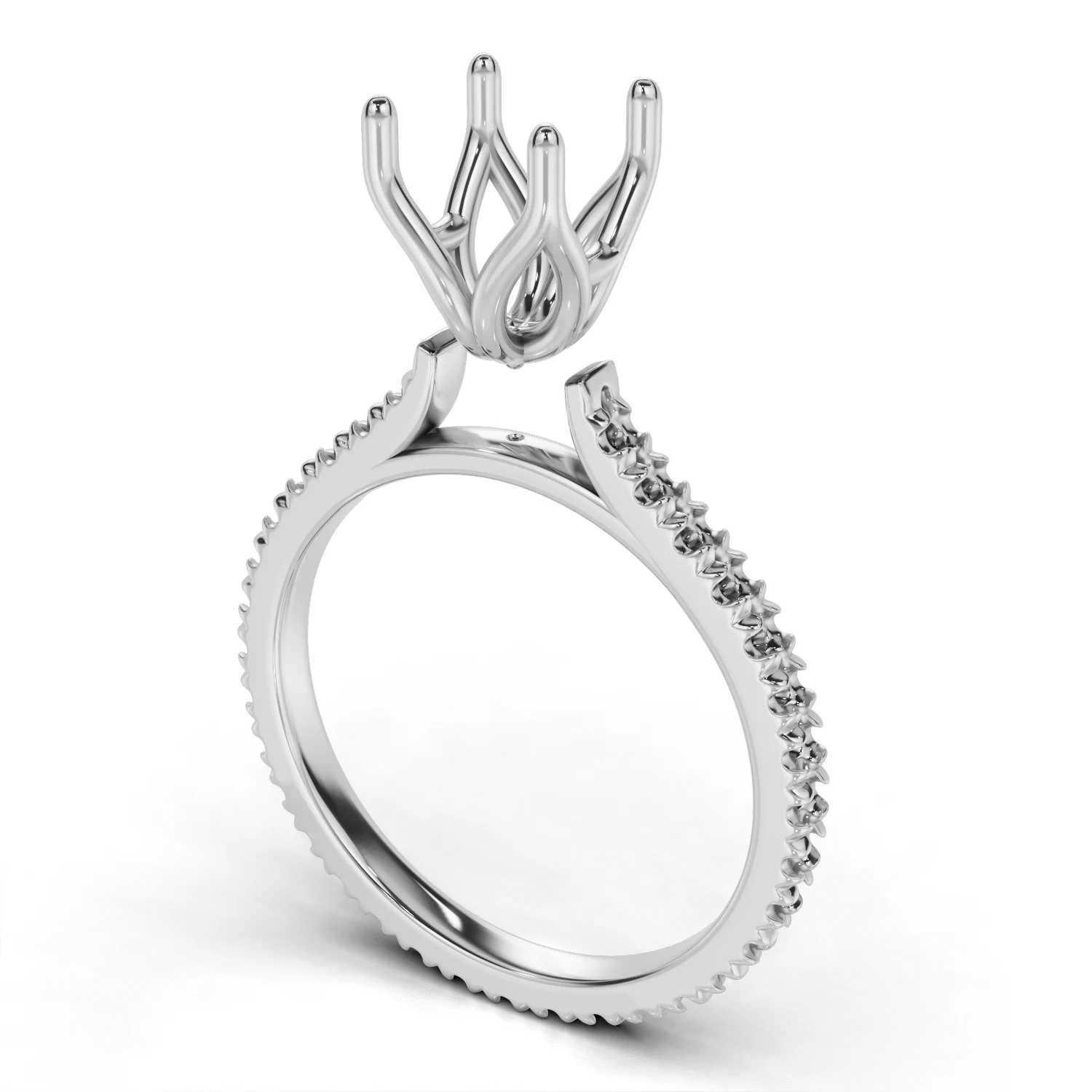 The same head after the automated pass, prongs popped up and opened for setting