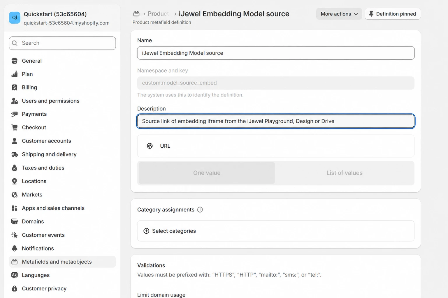 A Shopify URL metafield definition for an iJewel embed source