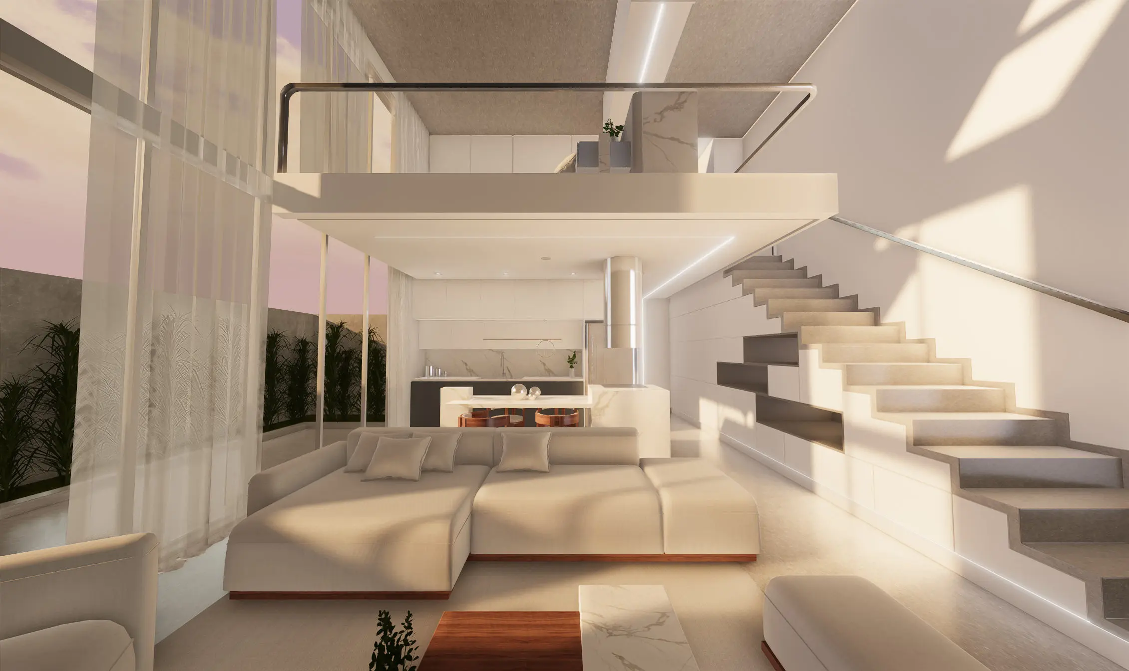 Lumen Decor Studio: a sunlit two-storey loft with a white sofa, a kitchen under a mezzanine and a stone staircase, rendered in the browser