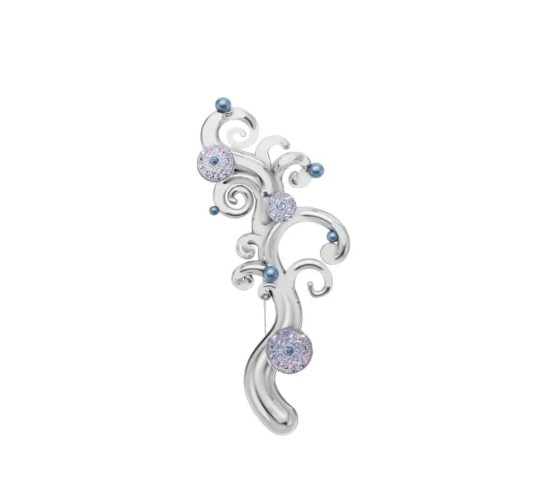 Render of a silver scrolled pendant with pale stones and dark pearls