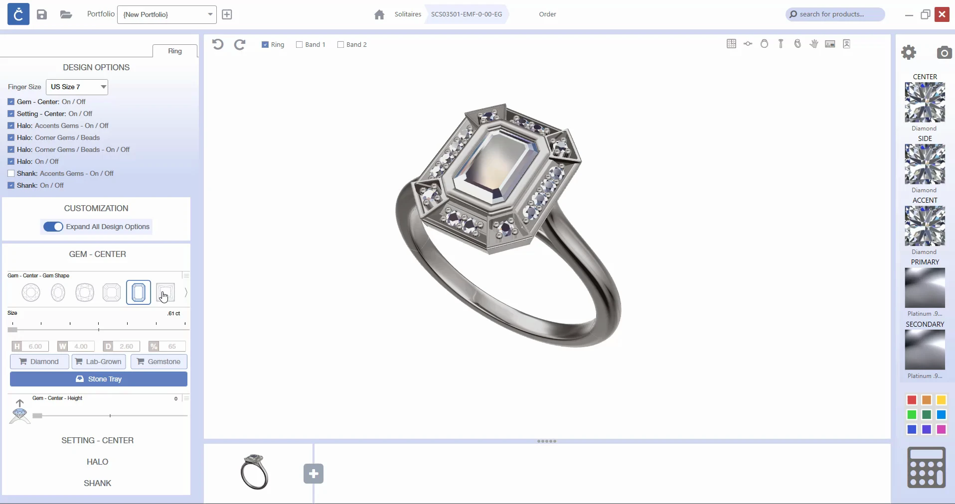 The same session with an emerald-cut centre stone; the halo and head reshaped to match