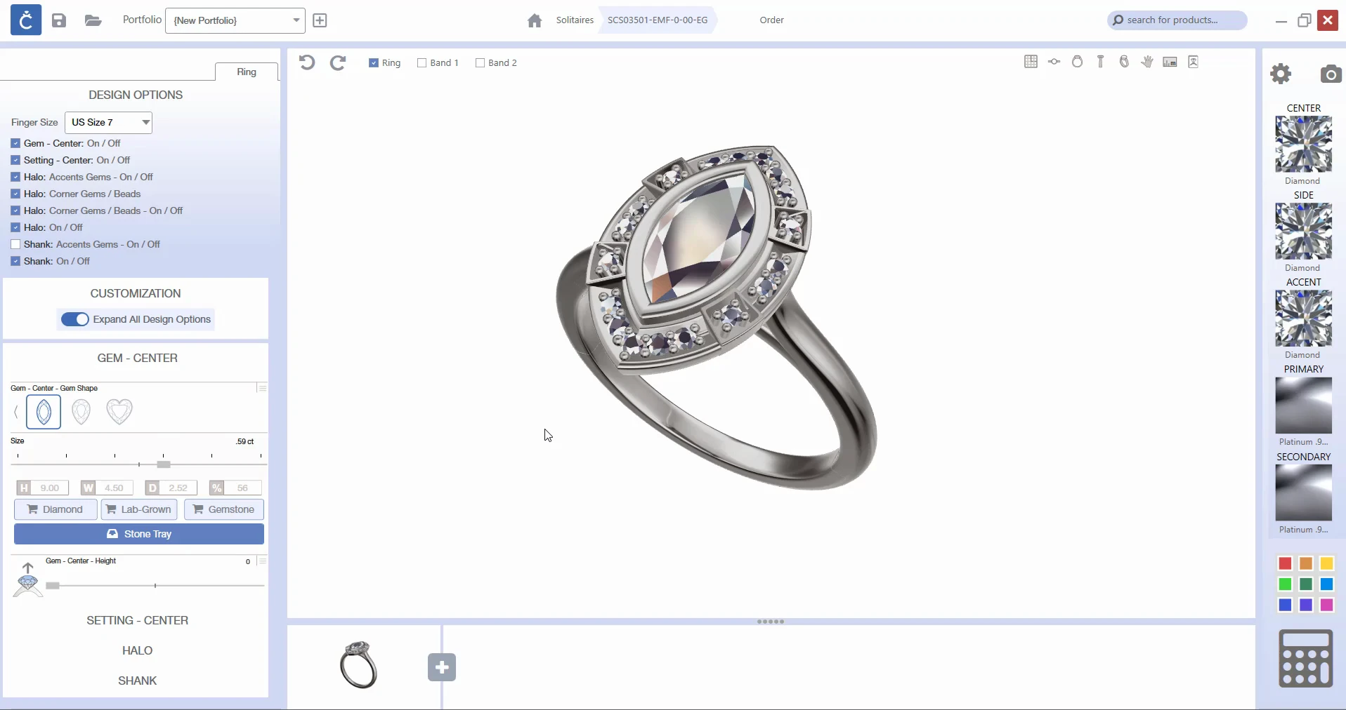 The same session after the stone is switched to marquise; the halo updates