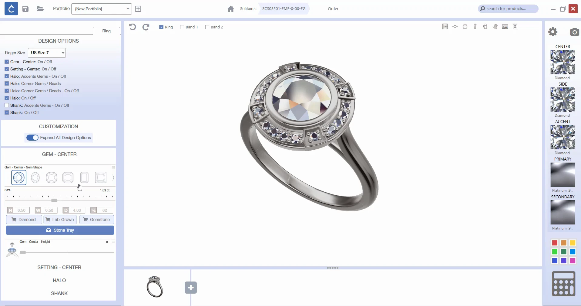 The full CounterSketch interface with a round-stone halo ring in the viewport