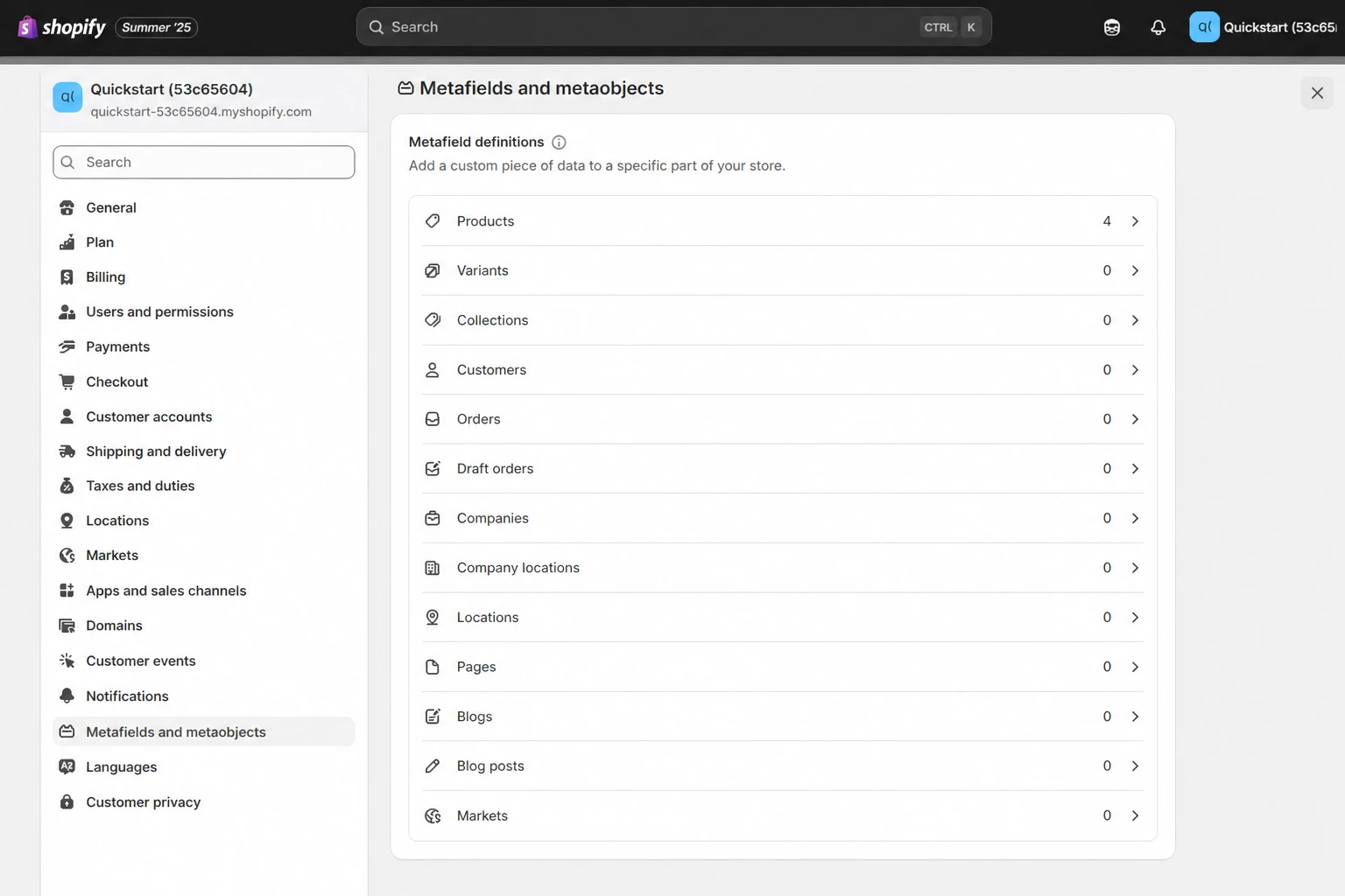 Shopify custom-data settings with Products selected under Metafield definitions