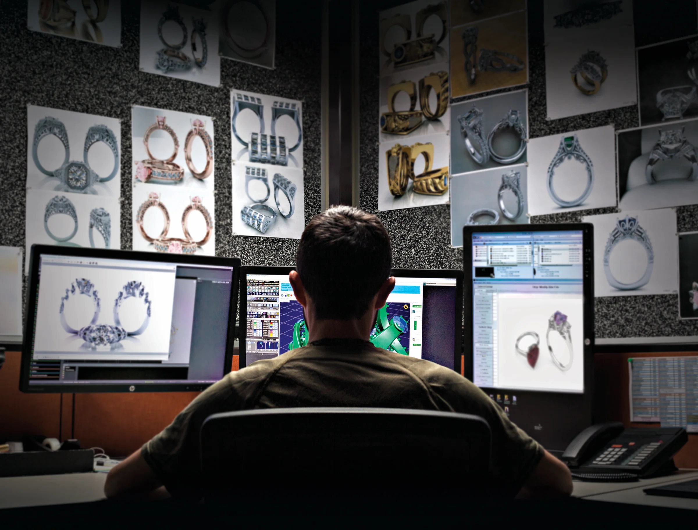 An operator seated at a wall of CAD screens in Stuller's CAD/CAM department, ring renders pinned above