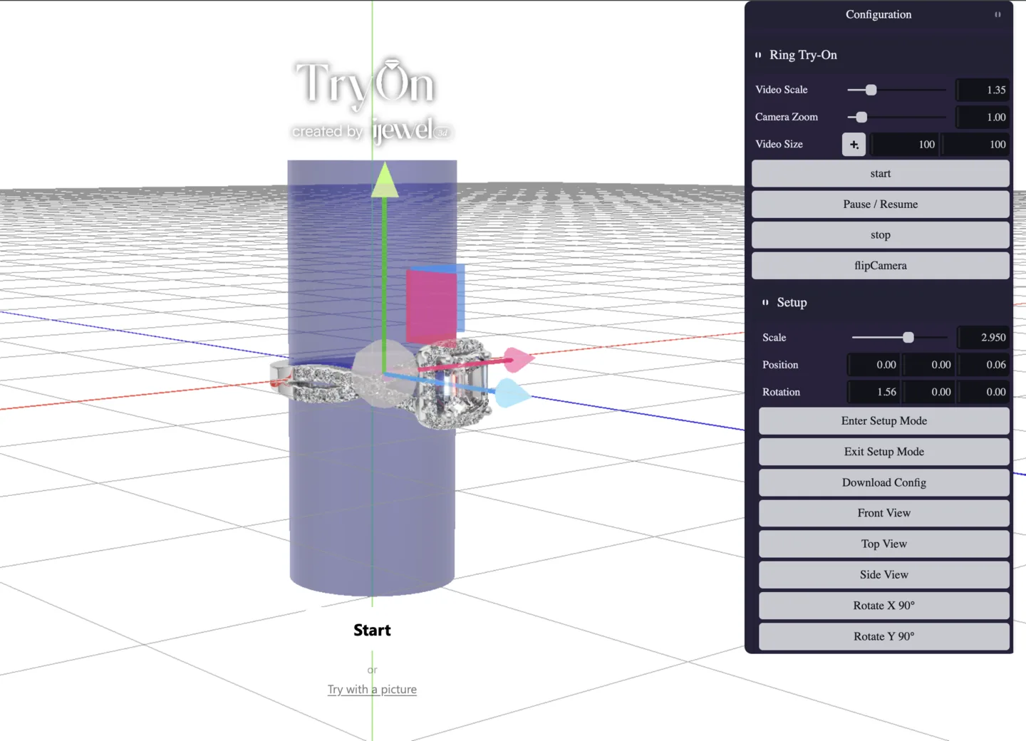 Setup mode with the reference finger cylinder, centre line and transform gizmo