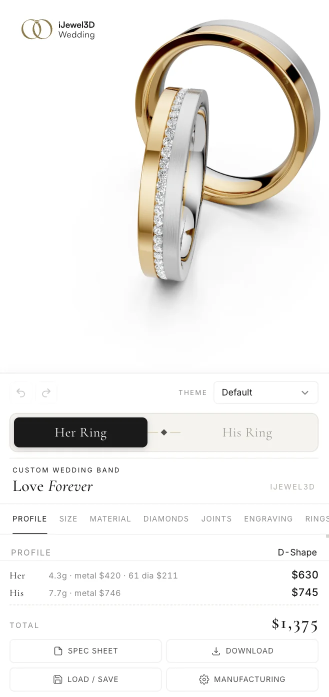 The custom UI on a mobile device: viewer on top, controls and price bar below