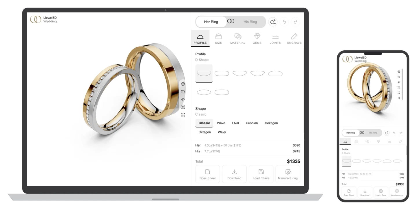 The same configurator running in a laptop browser and on a phone, with no app installed