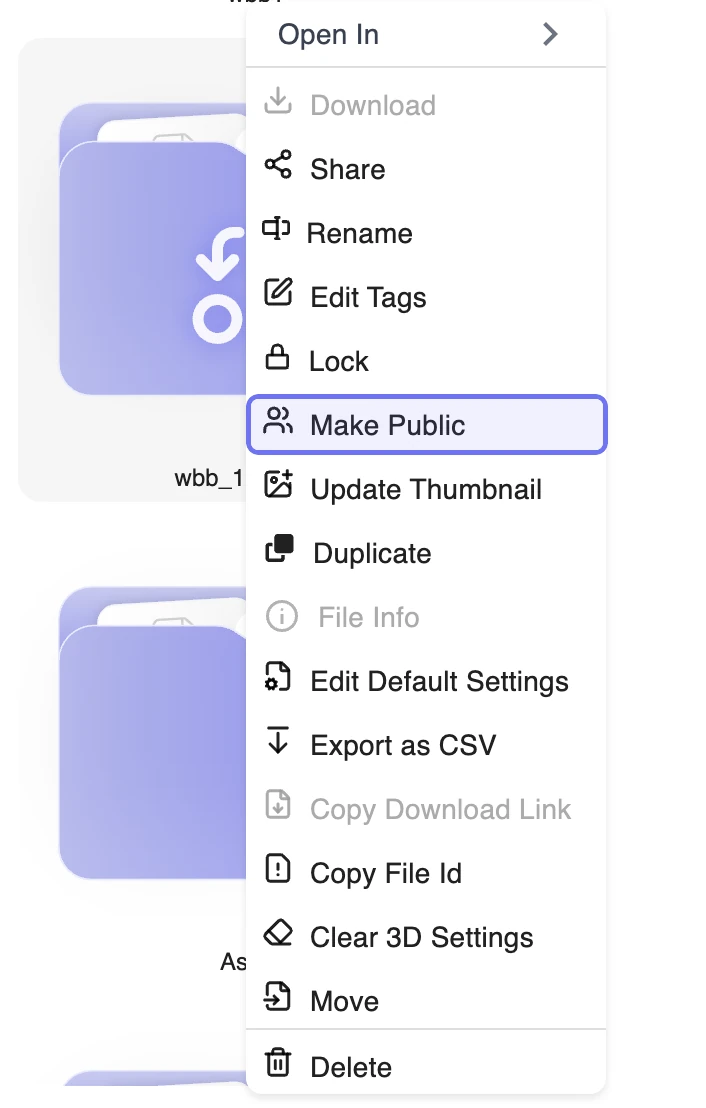 The iJewel3D Dashboard context menu with Make Public highlighted