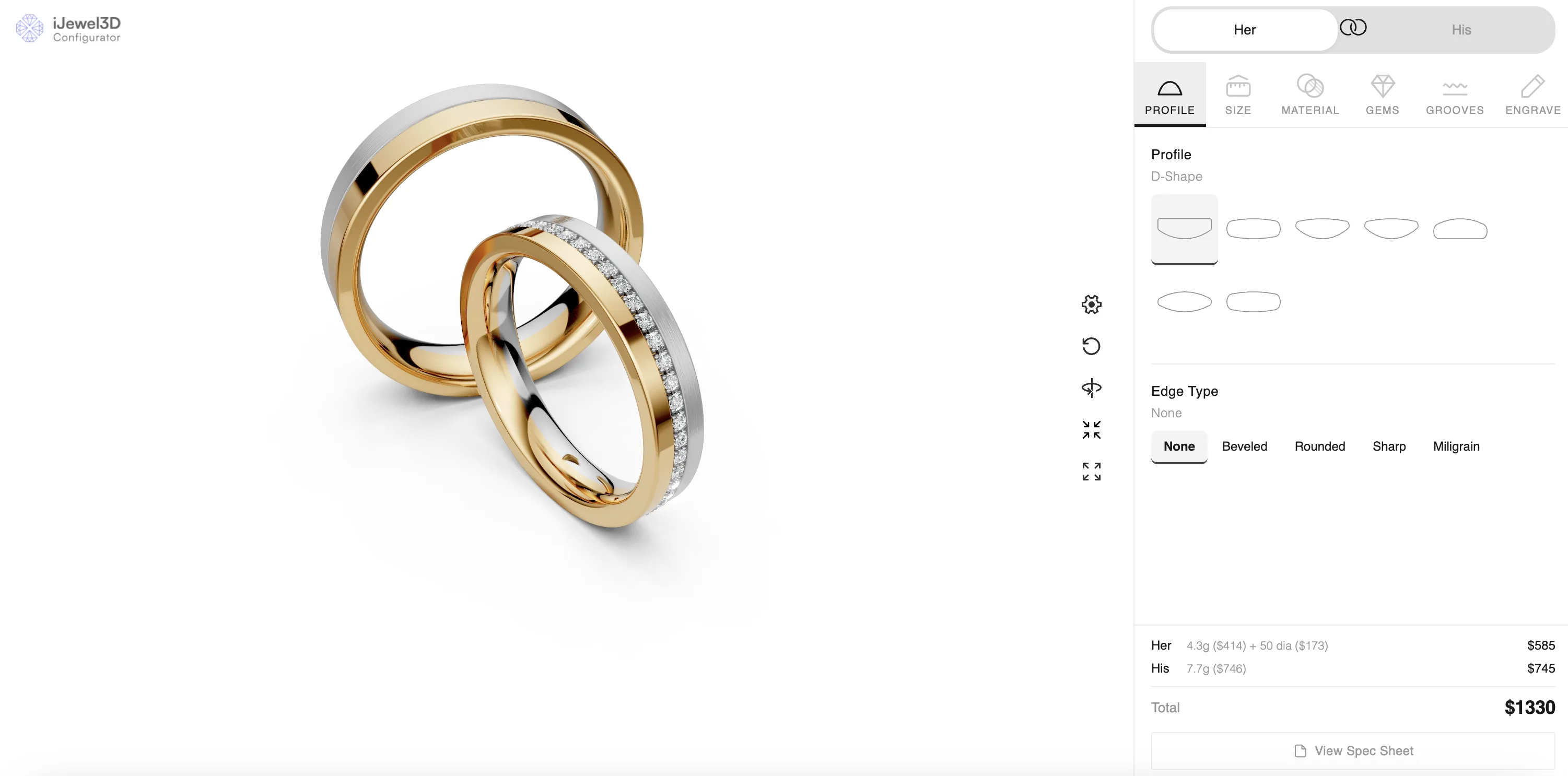Full Wedding Band Builder interface — His & Her bands with configuration panel, real-time 3D preview, and pricing summary