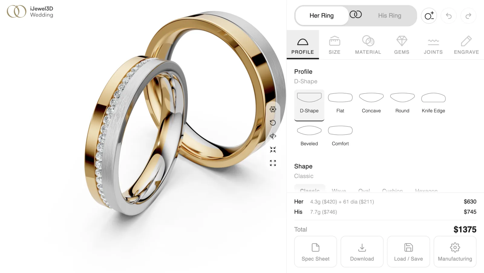 Wedding Band Builder with the 3D viewer and the built-in configuration panel