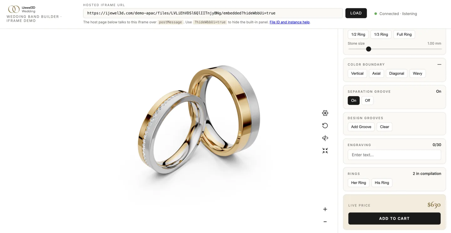 Host product page with the Wedding Band Builder embedded in an iframe