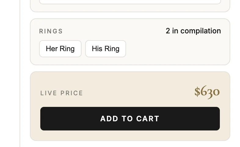 A live price display updating from the price:updated event, with an Add to Cart button