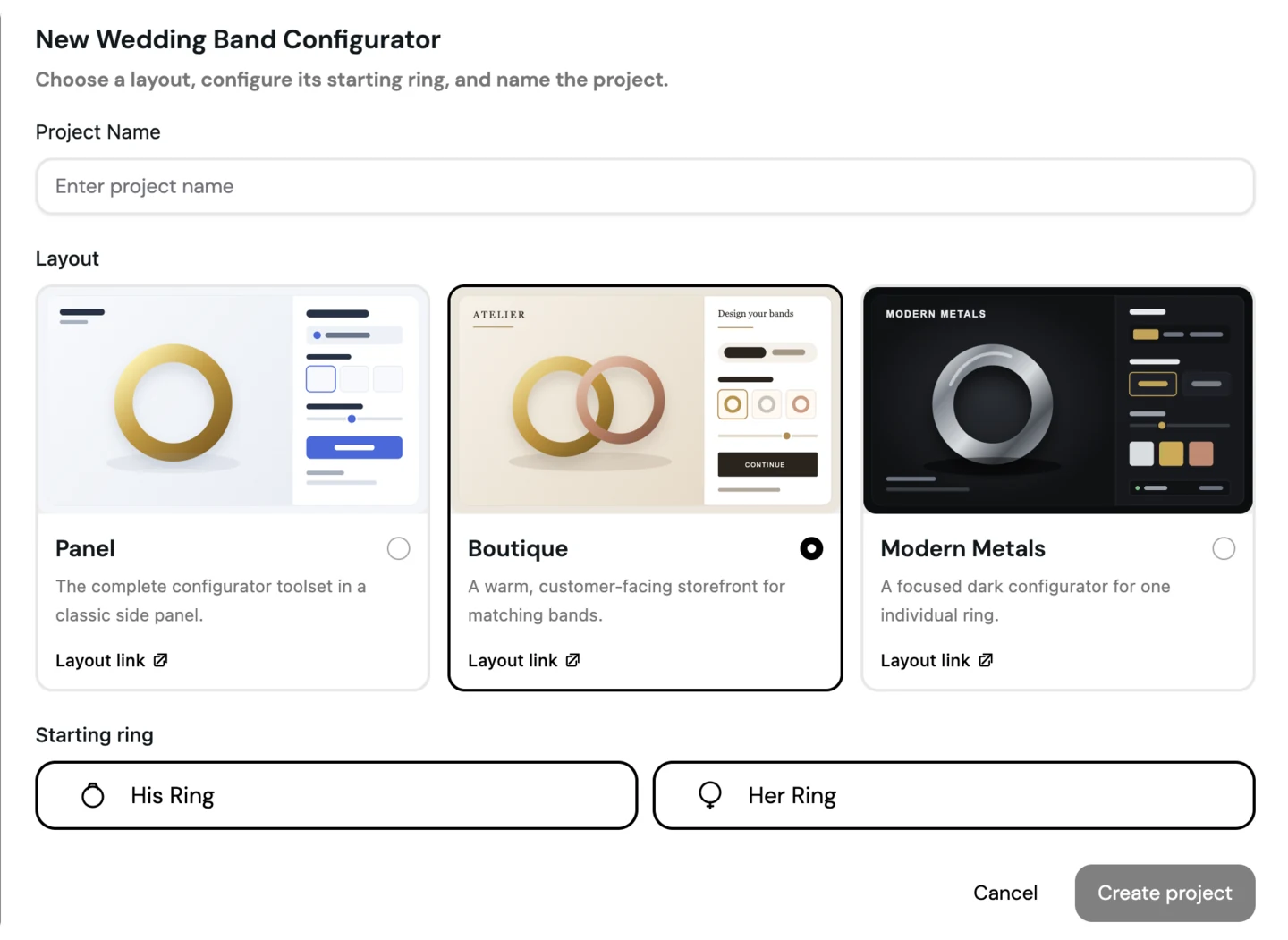 The New Wedding Band Configurator dialog in Drive, with the Panel, Boutique and Modern Metals layout options