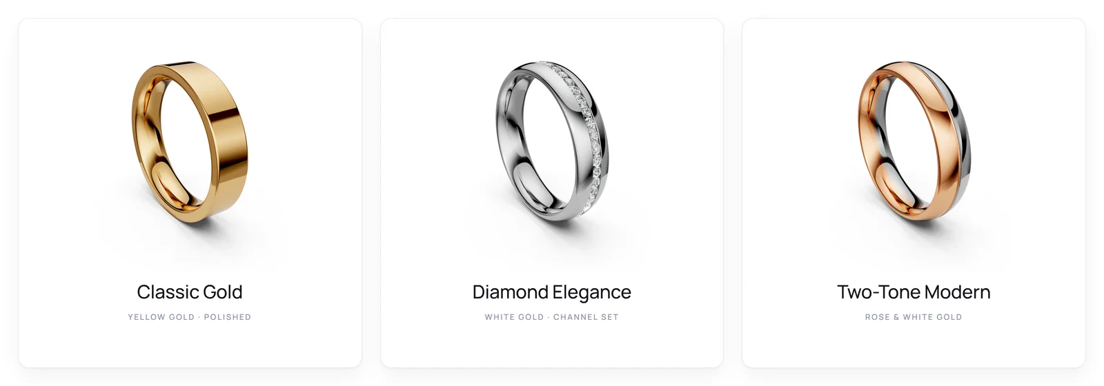 Styled preset cards: Classic Gold, Diamond Elegance, Two-Tone Modern