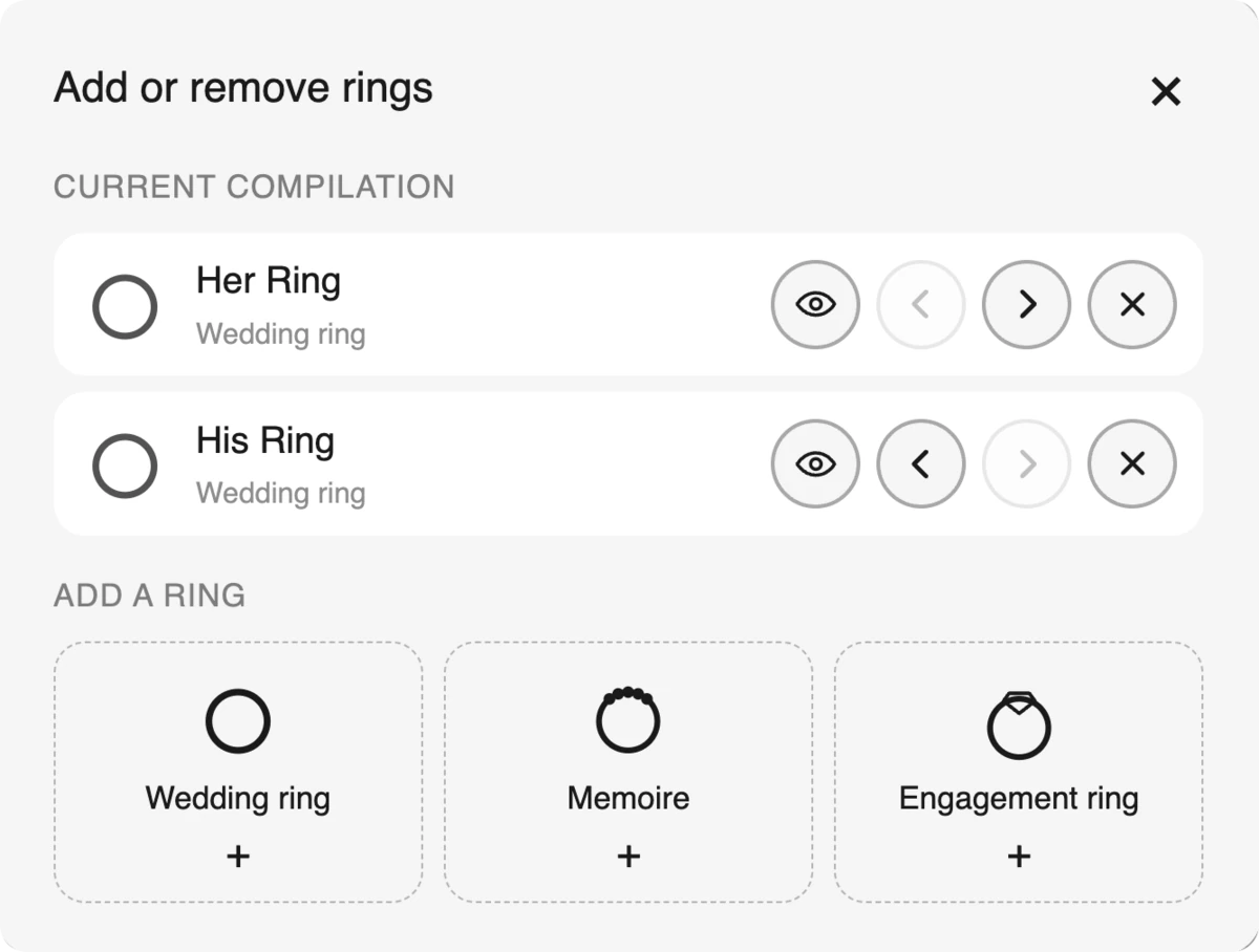The Add or remove rings panel, showing the current compilation and the ring types that can be added