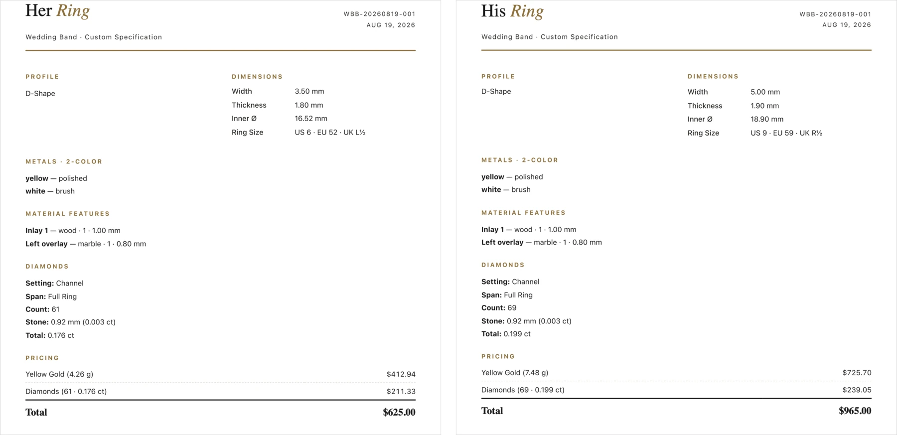 The generated spec sheet, one page each for the Her and His bands, with profile, dimensions, materials, diamonds and pricing
