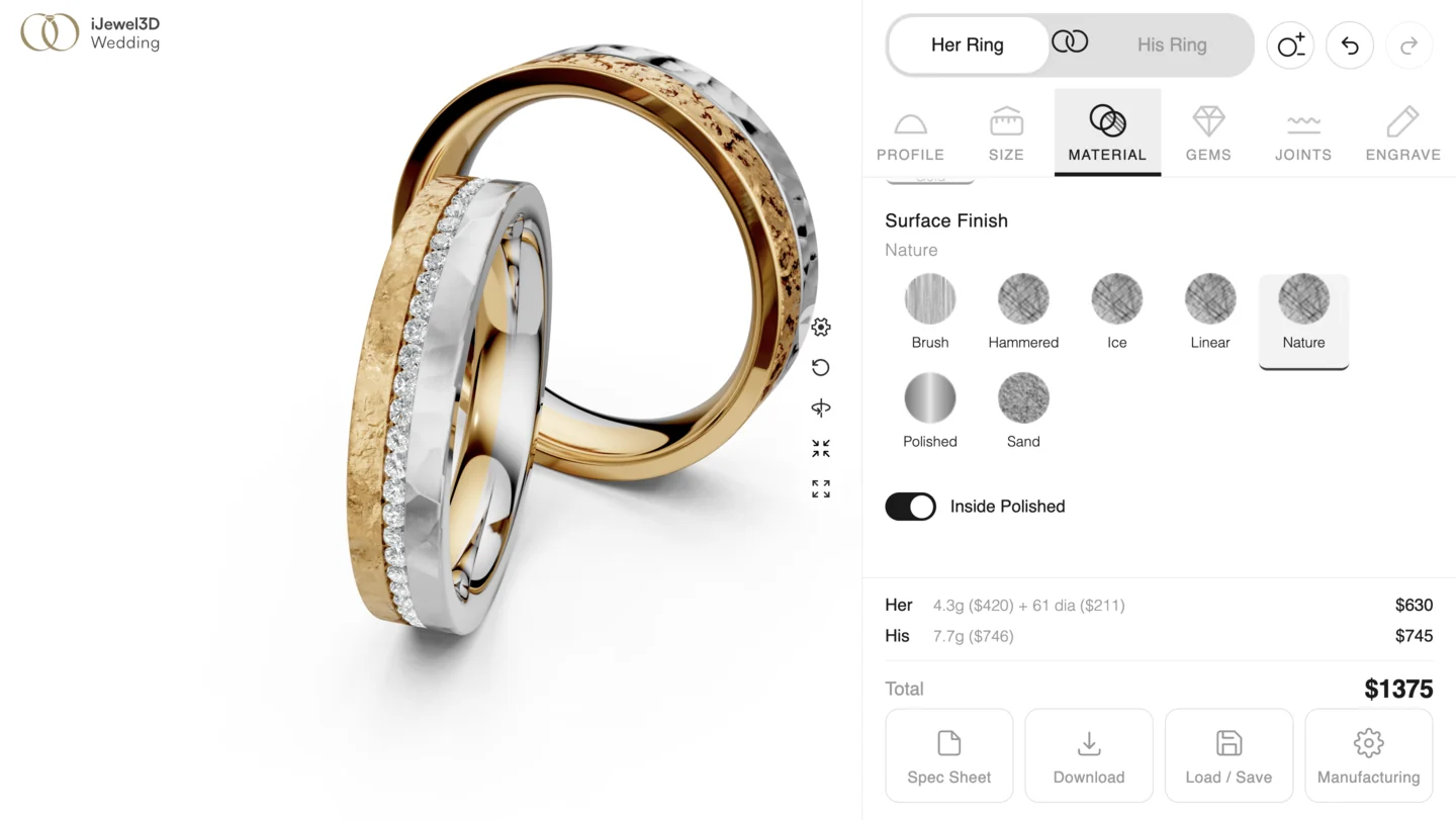 The Surface Finish picker with all seven finishes, Nature applied to the band