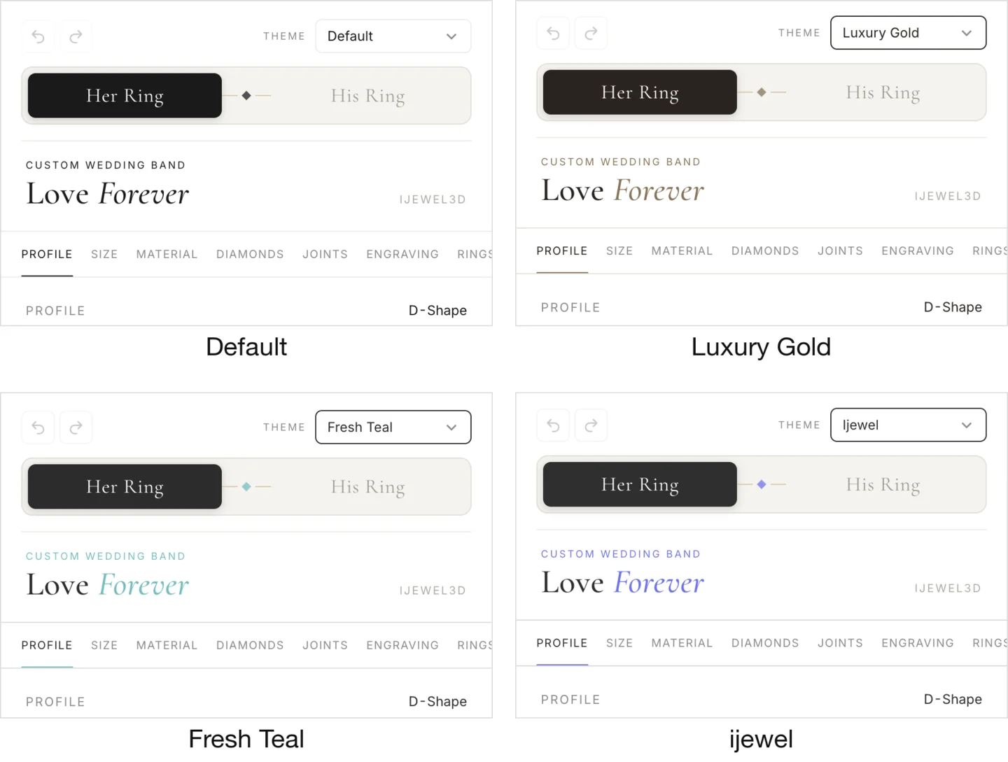 The builder interface under the Default, Luxury Gold, Fresh Teal and iJewel theme presets